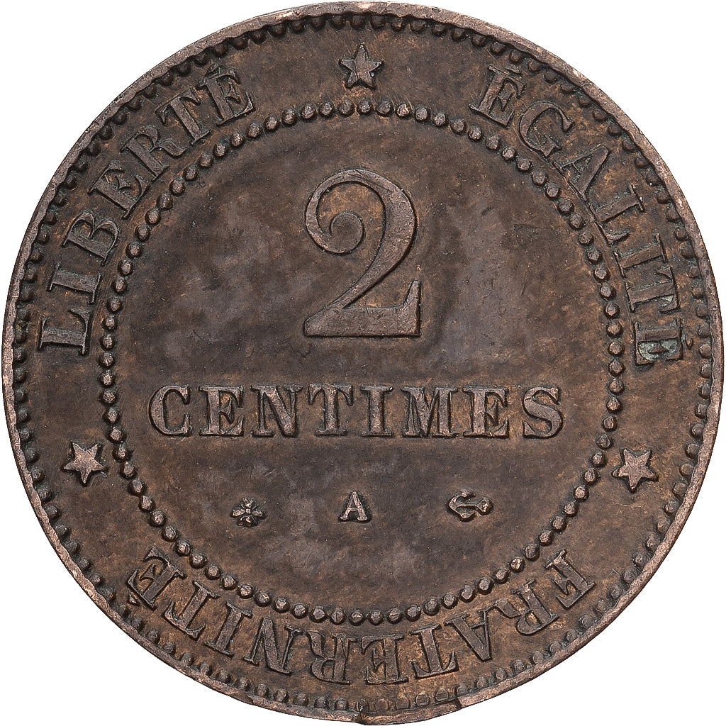França, 2 Centimes, Cérès, 1878, Paris, Petit A, Bronze, AU(50-53)