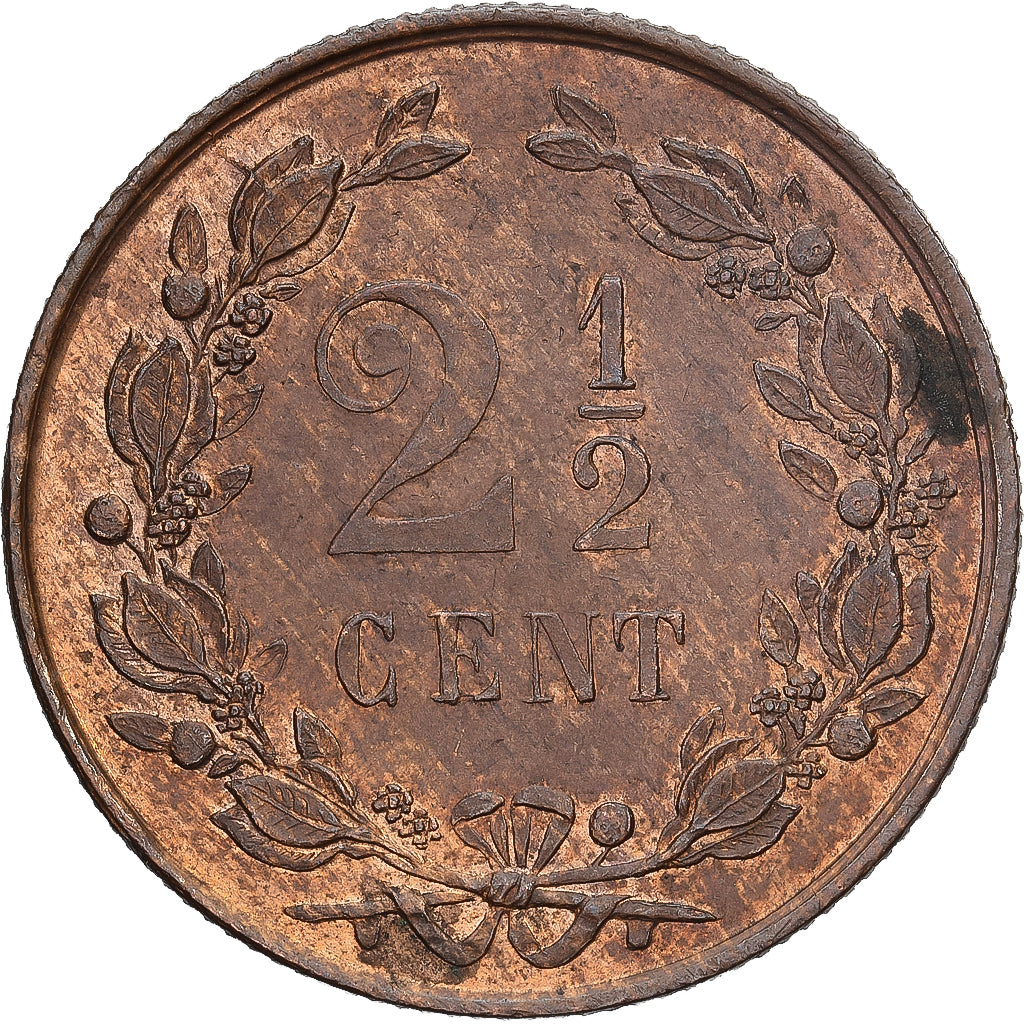 Netherlands, William III, 2-1/2 Cent, 1881, Bronze, AU(55-58), KM:108.1