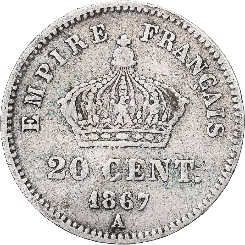 France, Napoleon III, 20 Centimes, 1867, Paris, Silver, VF(20-25), Gadoury:309