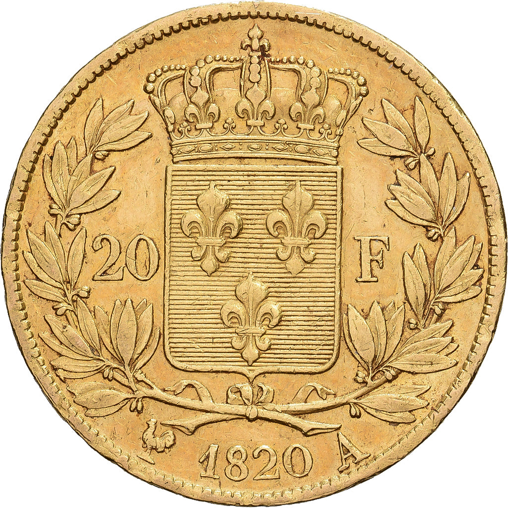 França, Louis XVIII, 20 Francs, 1820, Paris, Dourado, EF(40-45), Gadoury:1028
