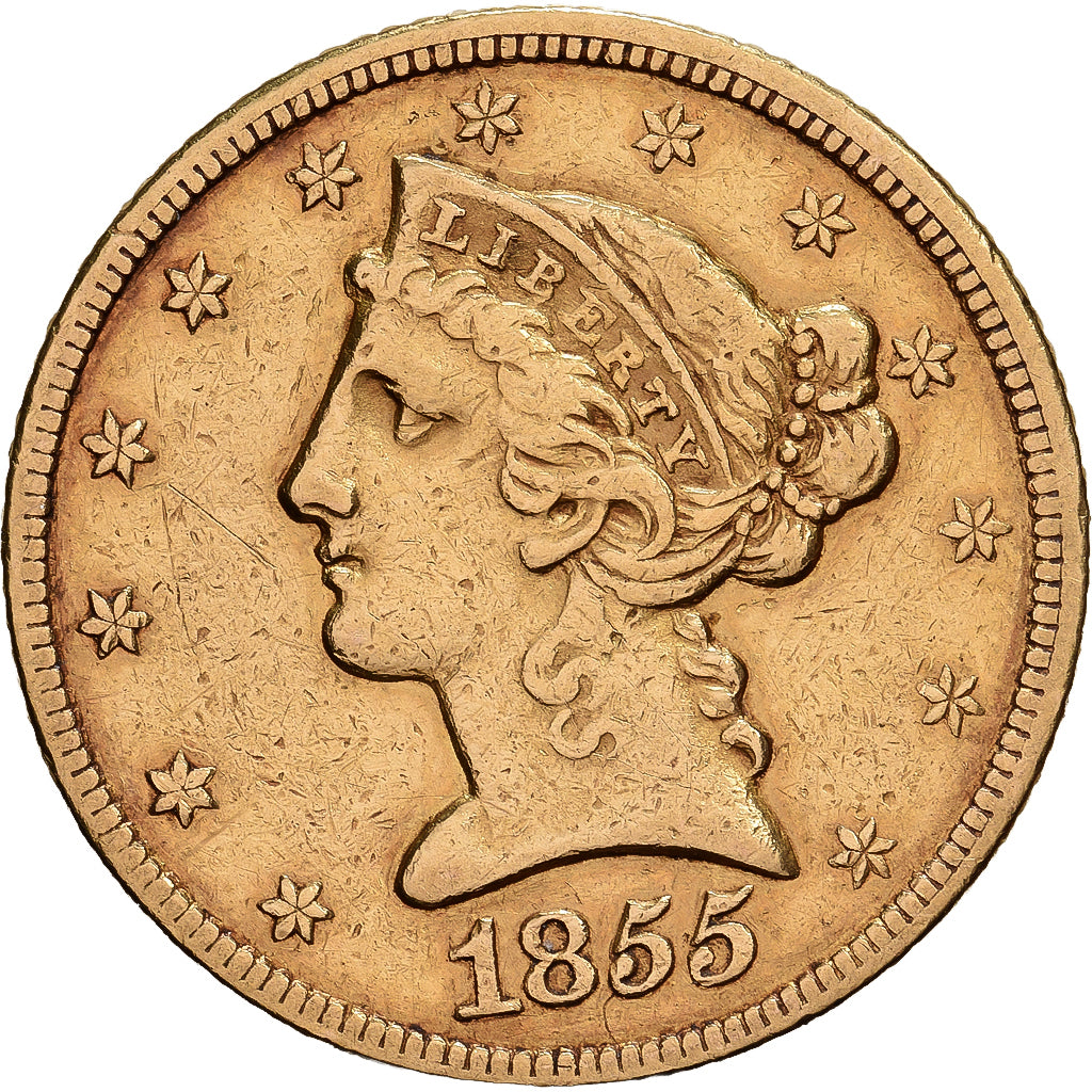 United States, $5, Half Eagle, Coronet Head, 1855, U.S. Mint, Gold, EF(40-45)
