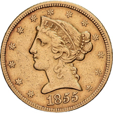 Estados Unidos, $5, Half Eagle, Coronet Head, 1855, U.S. Mint, Oro, MBC, KM:69