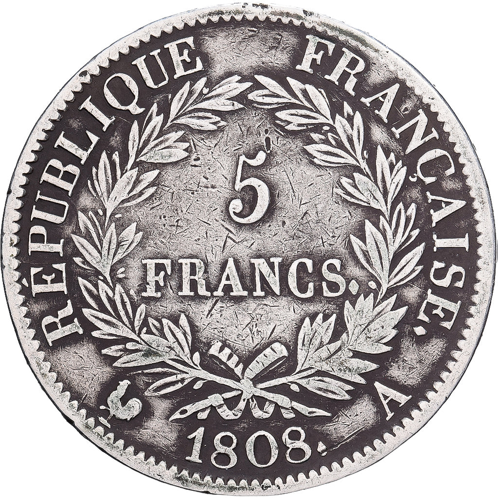 France, Napoleon I, 5 Francs, 1808, Paris, Silver, VF(30-35), Gadoury:583