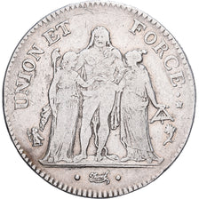 Francia, 5 Francs, Union et Force, 1793 / AN 5, Paris, Argento, MB+