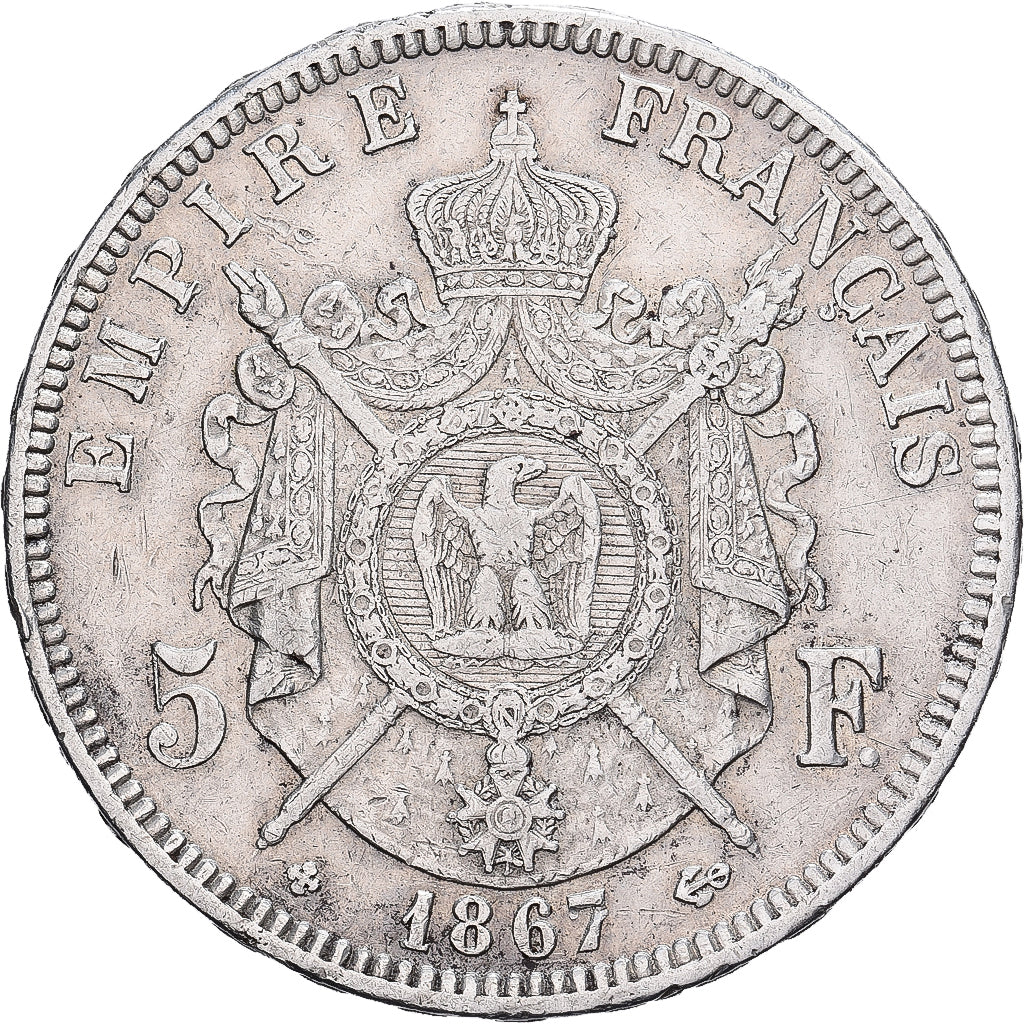 France, Napoleon III, 5 Francs, 1867, Strasbourg, Silver, EF(40-45)