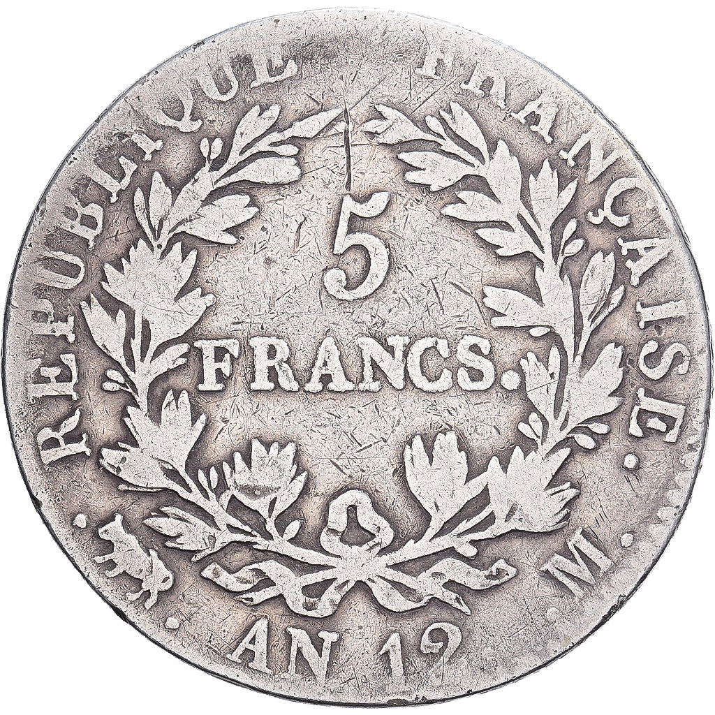 França, Napoleon I, 5 Francs, An 12 (1804), Toulouse, Prata, VF(30-35)