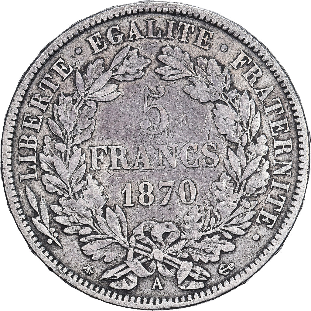 França, 5 Francs, Cérès, 1870, Paris, Prata, EF(40-45), Gadoury:742, KM:819