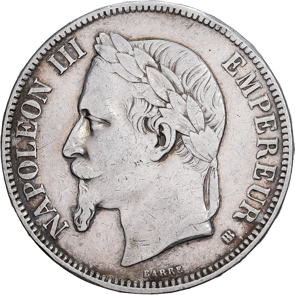 Francja, Napoleon III, 5 Francs, 1869, Strasbourg, Srebro, EF(40-45)