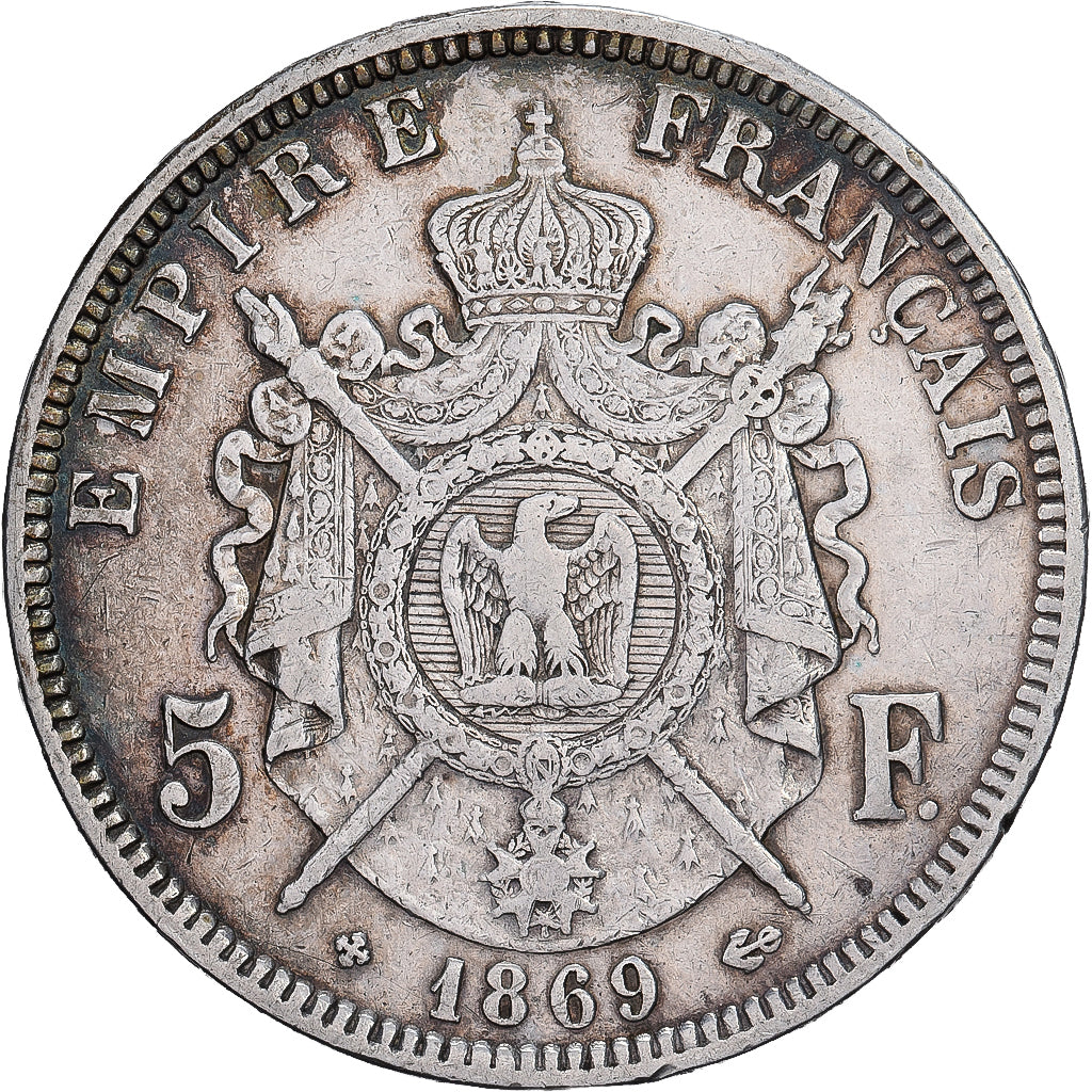 Francja, Napoleon III, 5 Francs, 1869, Strasbourg, Srebro, EF(40-45)