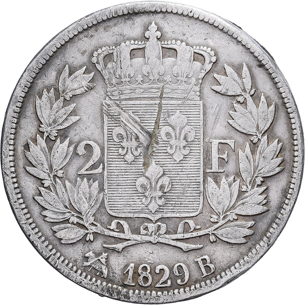 Francja, Charles X, 2 Francs, 1829, Rouen, Srebro, VF(30-35), Gadoury:516