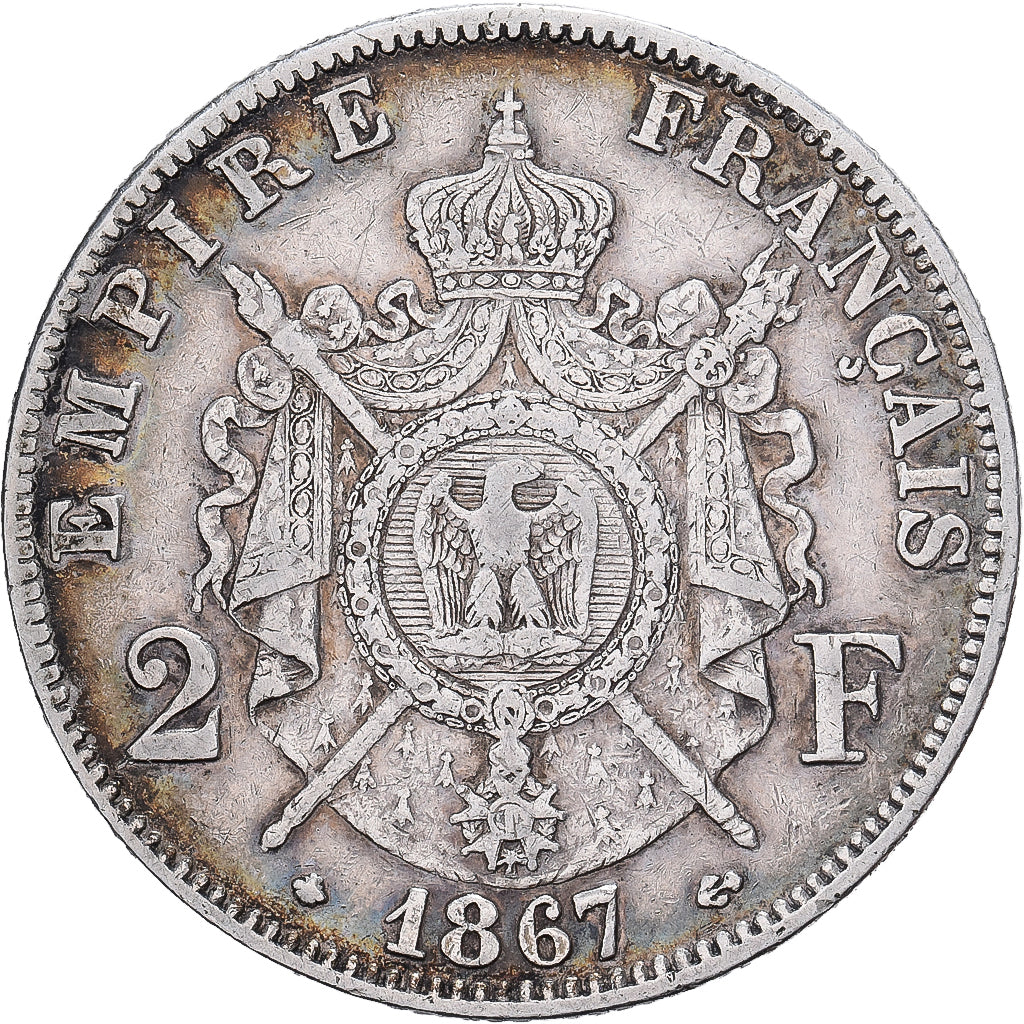 Francia, Napoleon III, 2 Francs, 1867, Paris, Argento, BB, Gadoury:527, KM:807.1
