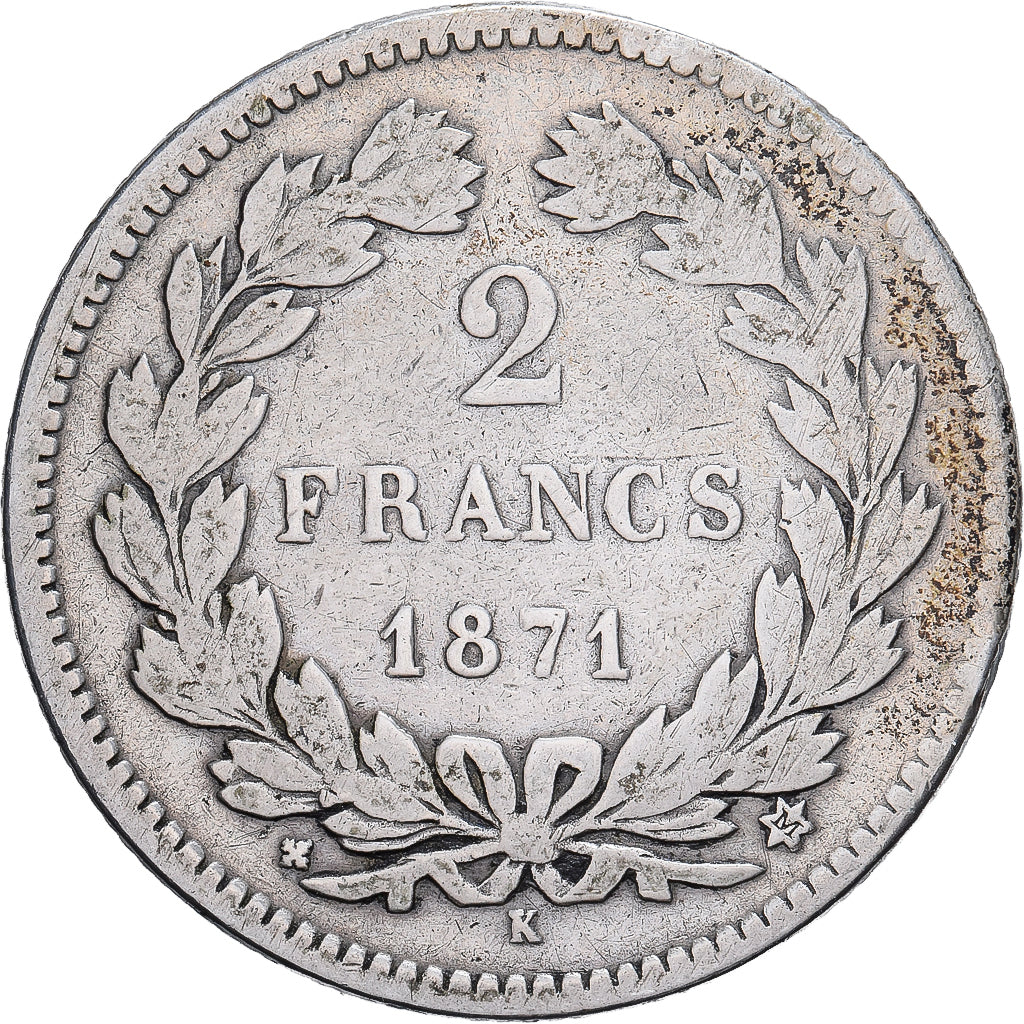 France, 2 Francs, Cérès, 1871, Paris, Petit K, Silver, VF(20-25), Gadoury:530