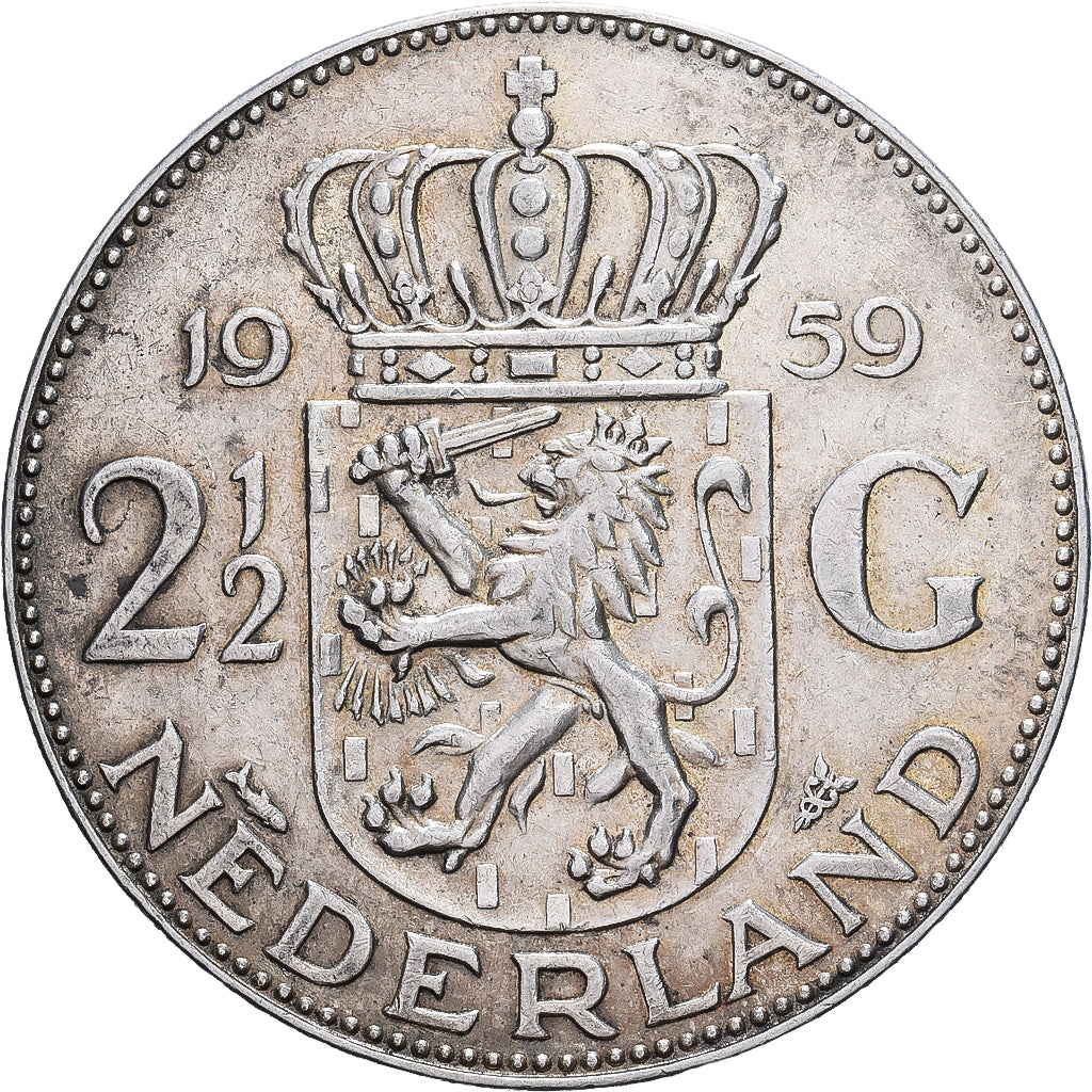 Países Baixos, Juliana, 2-1/2 Gulden, 1959, Prata, AU(50-53), KM:185