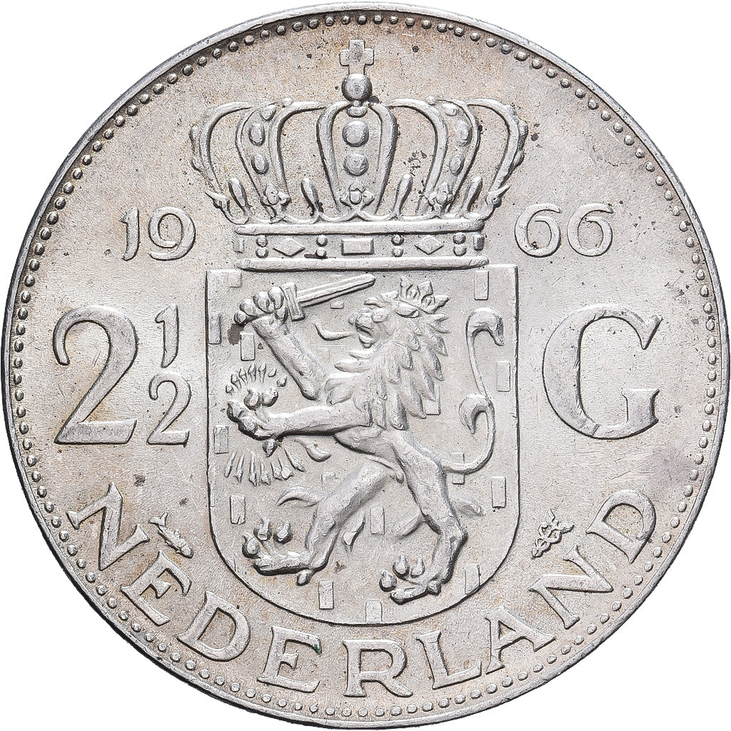 Países Baixos, Juliana, 2-1/2 Gulden, 1966, Prata, AU(50-53), KM:185