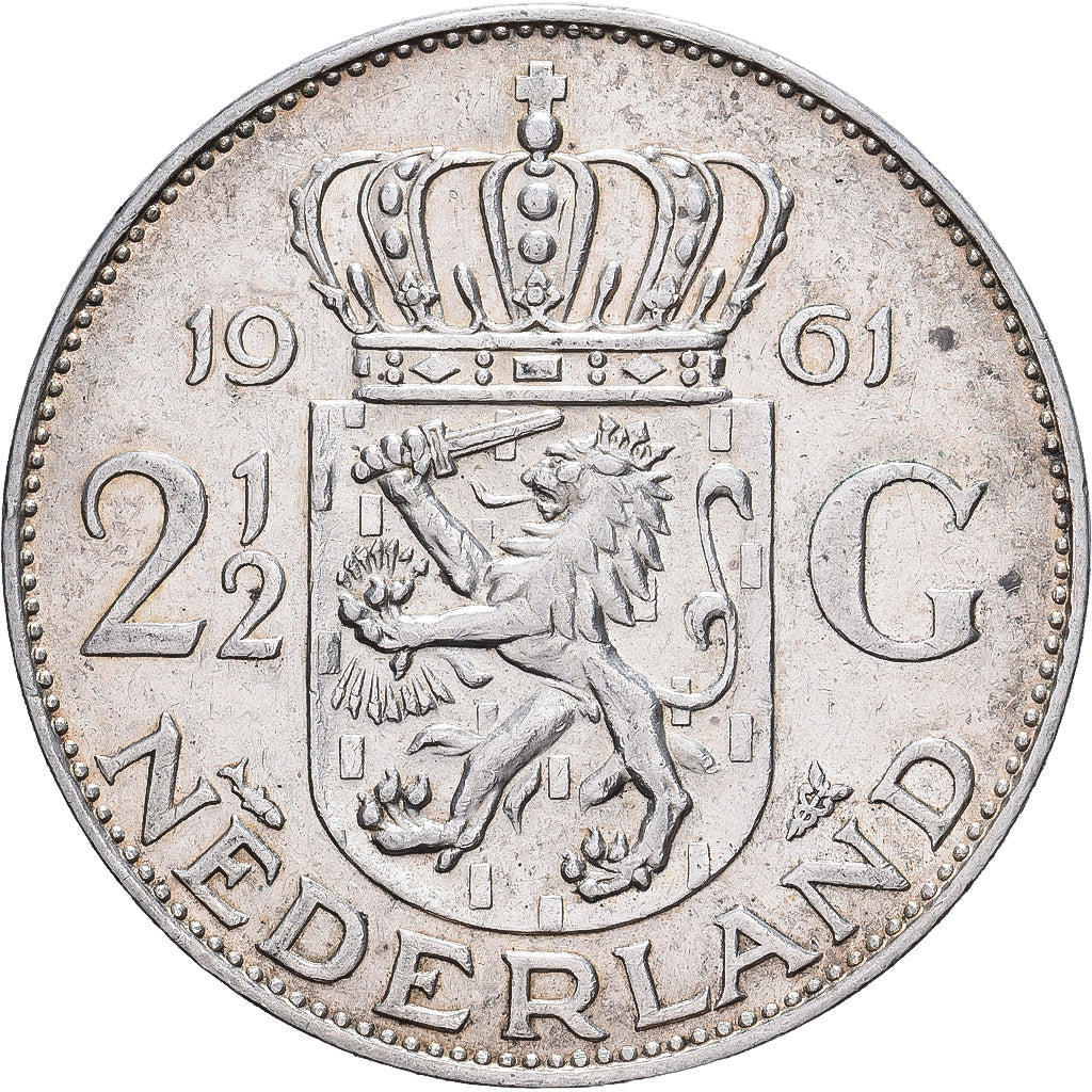 Países Baixos, Juliana, 2-1/2 Gulden, 1961, Prata, AU(50-53), KM:185