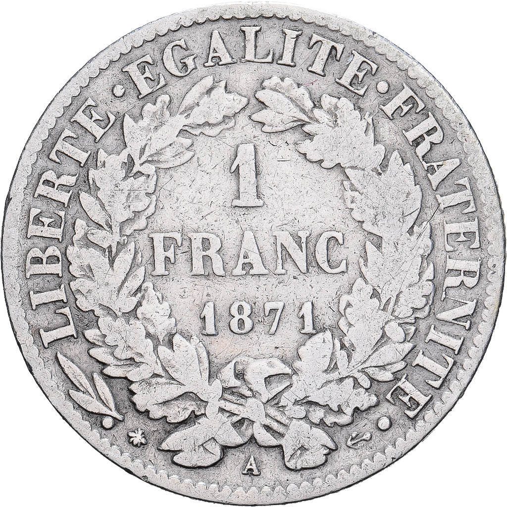 Francja, Franc, Cérès, 1871, Paris, Petit A, Srebro, VF(30-35), Gadoury:465