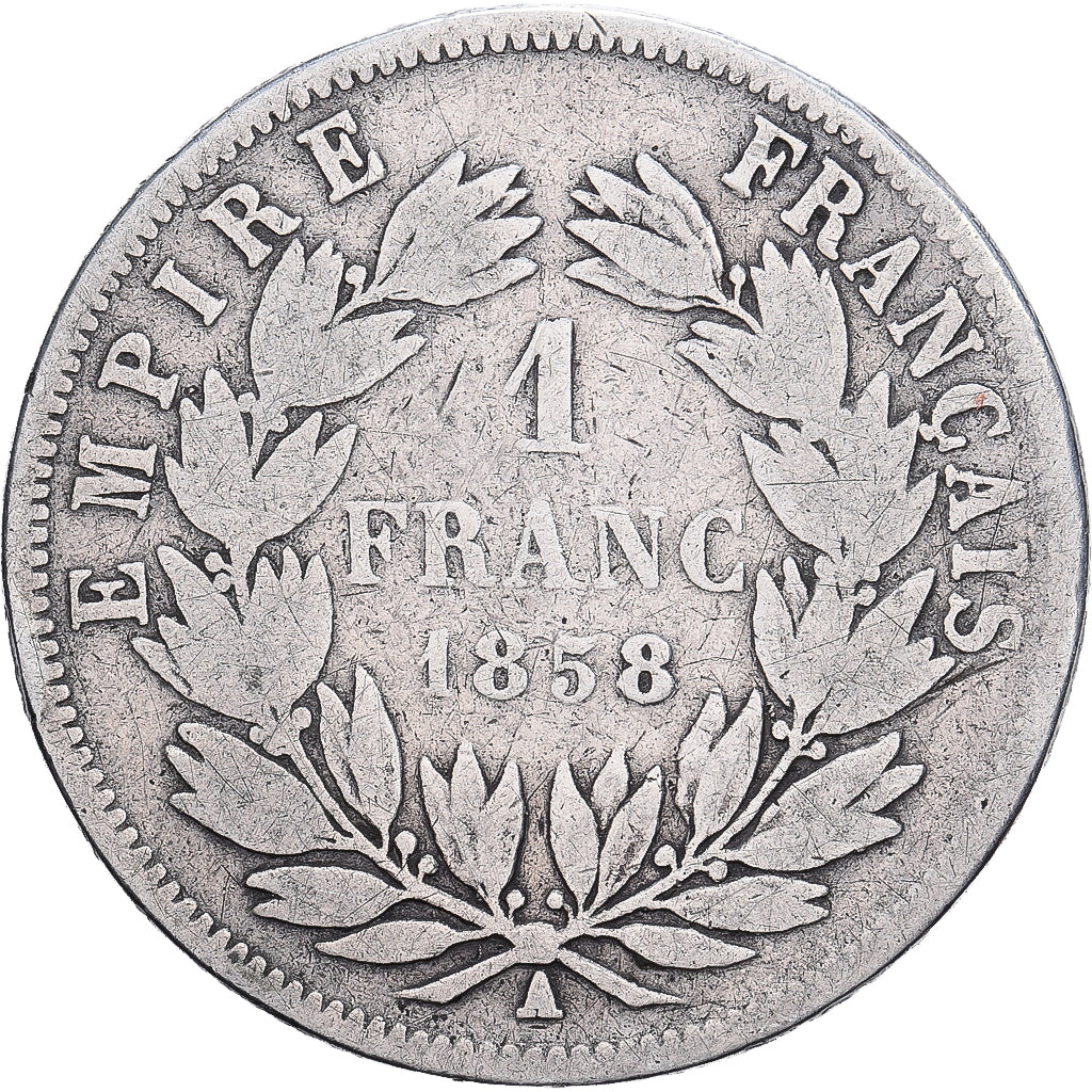 France, Napoléon III, Franc, 1858, Paris, Argent, B+, Gadoury:460, KM:779.1