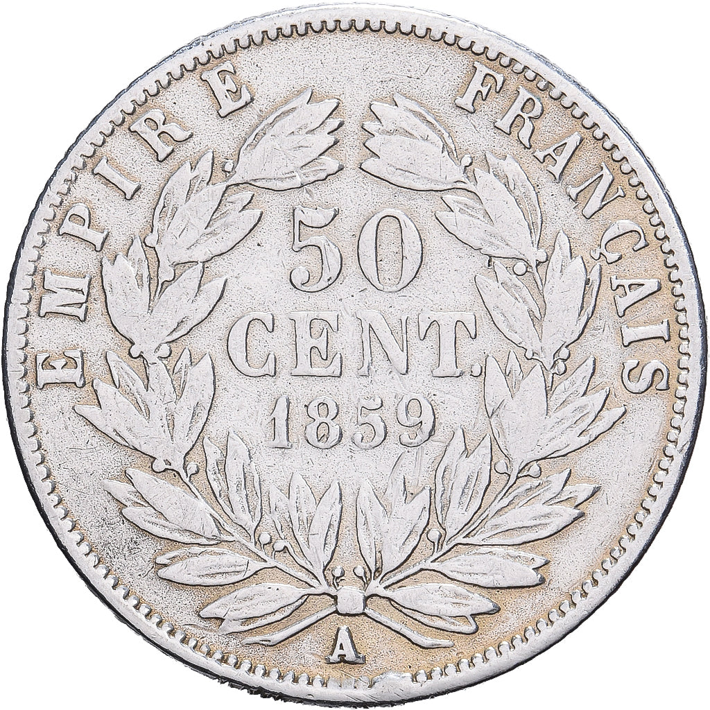 Francja, Napoleon III, 50 Centimes, 1859, Paris, Srebro, VF(30-35), Gadoury:414