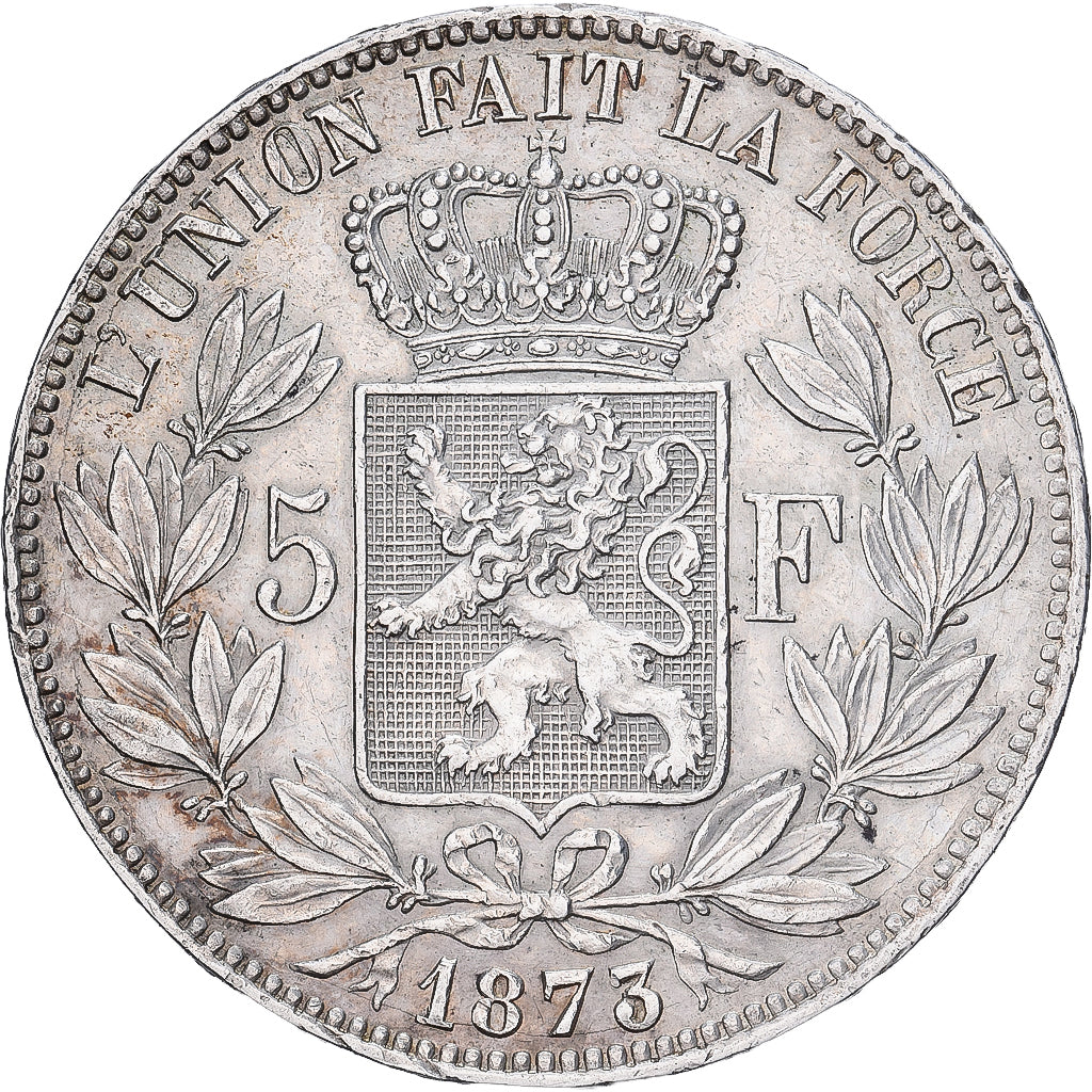 Bélgica, Leopold II, 5 Francs, 5 Frank, 1873, Brussels, Tranche A, Plata, MBC