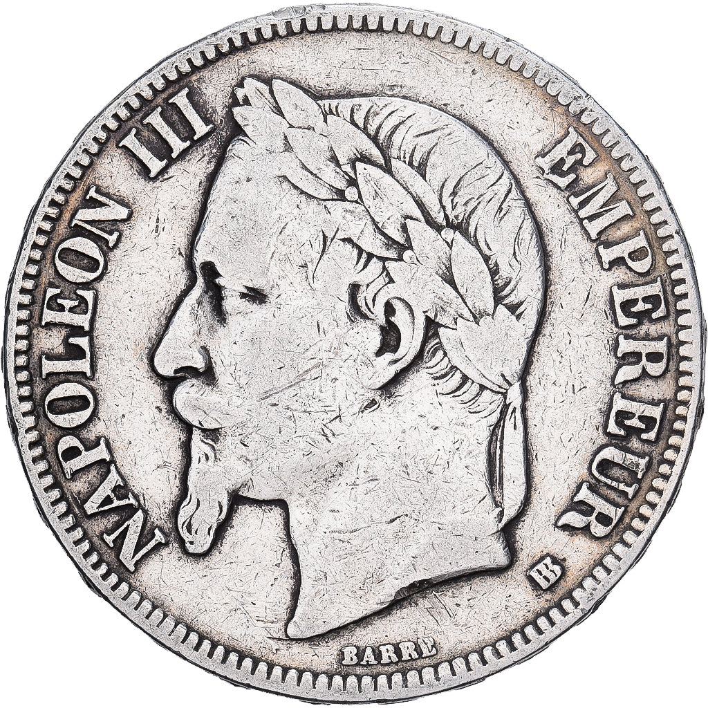 Francia, Napoleon III, 5 Francs, 1868, Strasbourg, Plata, BC+, Gadoury:739