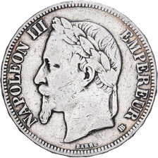 Francia, Napoleon III, 5 Francs, 1868, Strasbourg, Plata, BC+, Gadoury:739