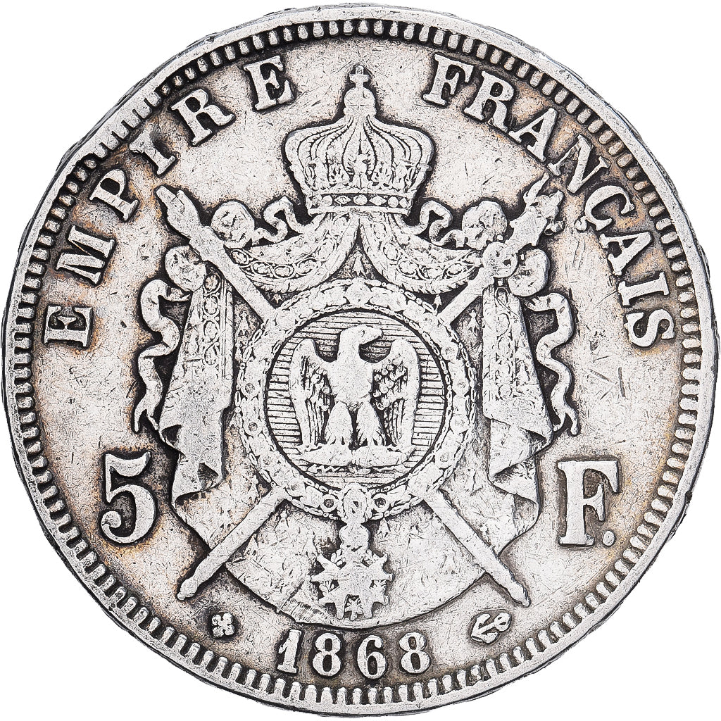 Francia, Napoleon III, 5 Francs, 1868, Strasbourg, Plata, BC+, Gadoury:739