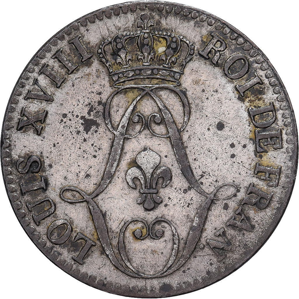 French Guiana, Louis XVIII, 10 Centimes, 1818, Paris, Billon, SS+, Lecompte:30