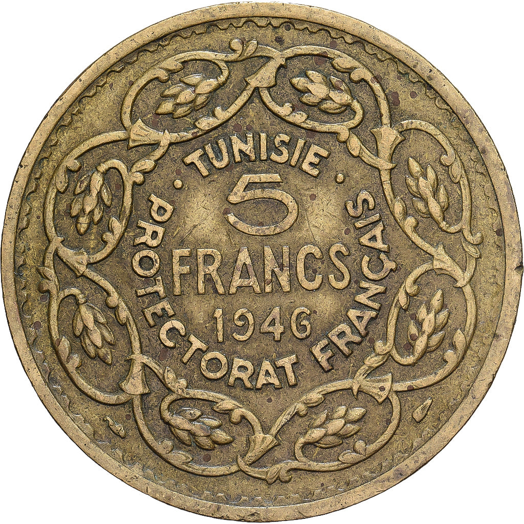 Túnez, 5 Francs, 1946, Paris, Aluminio - bronce, MBC, Lecompte:312