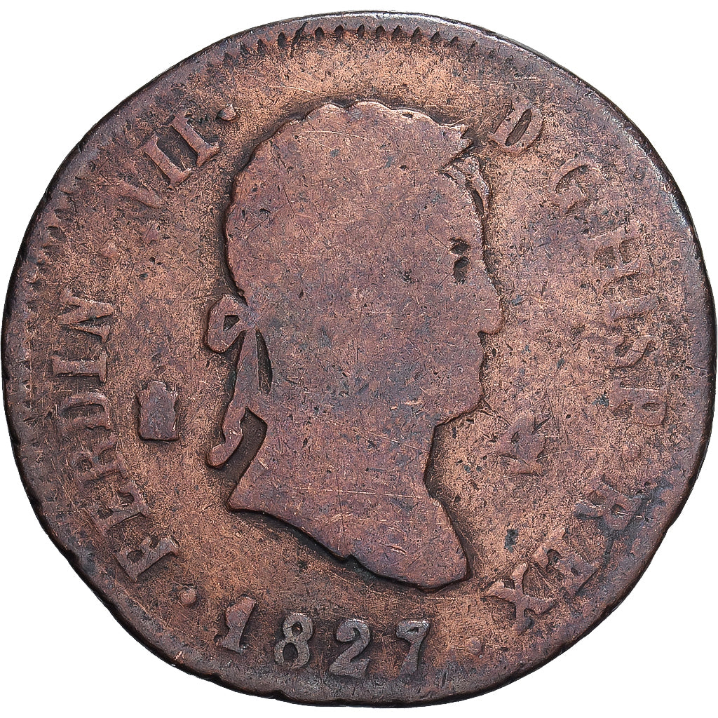 España, Fernando VII, 4 maravedis, 1827, Segovia, Cobre, BC, KM:489.2