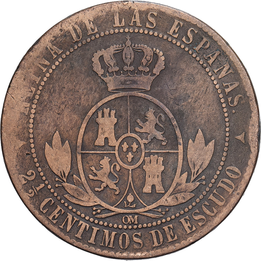 Spanje, Isabel II, 2-1/2 Centimos, 1867, Madrid, Koper, FR, KM:634.4