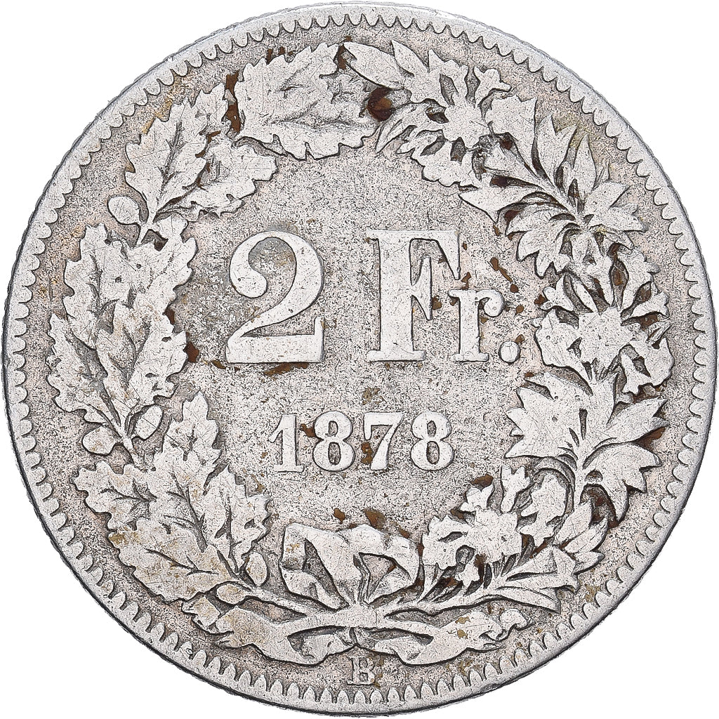Suiza, 2 Francs, 1878, Bern, Plata, BC+, KM:21