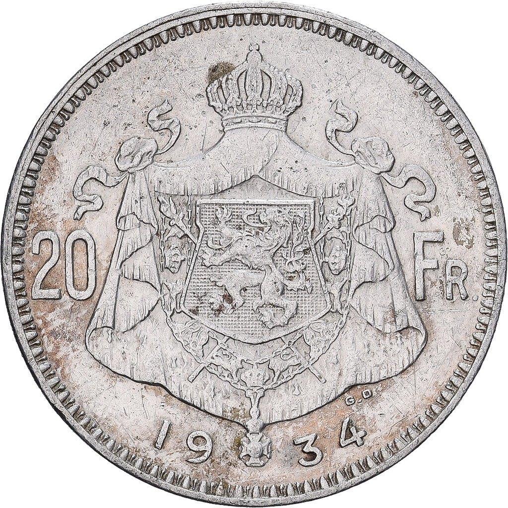 Belgio, Albert I, 20 Francs, 20 Frank, 1934, Brussels, Argento, BB, KM:104.1