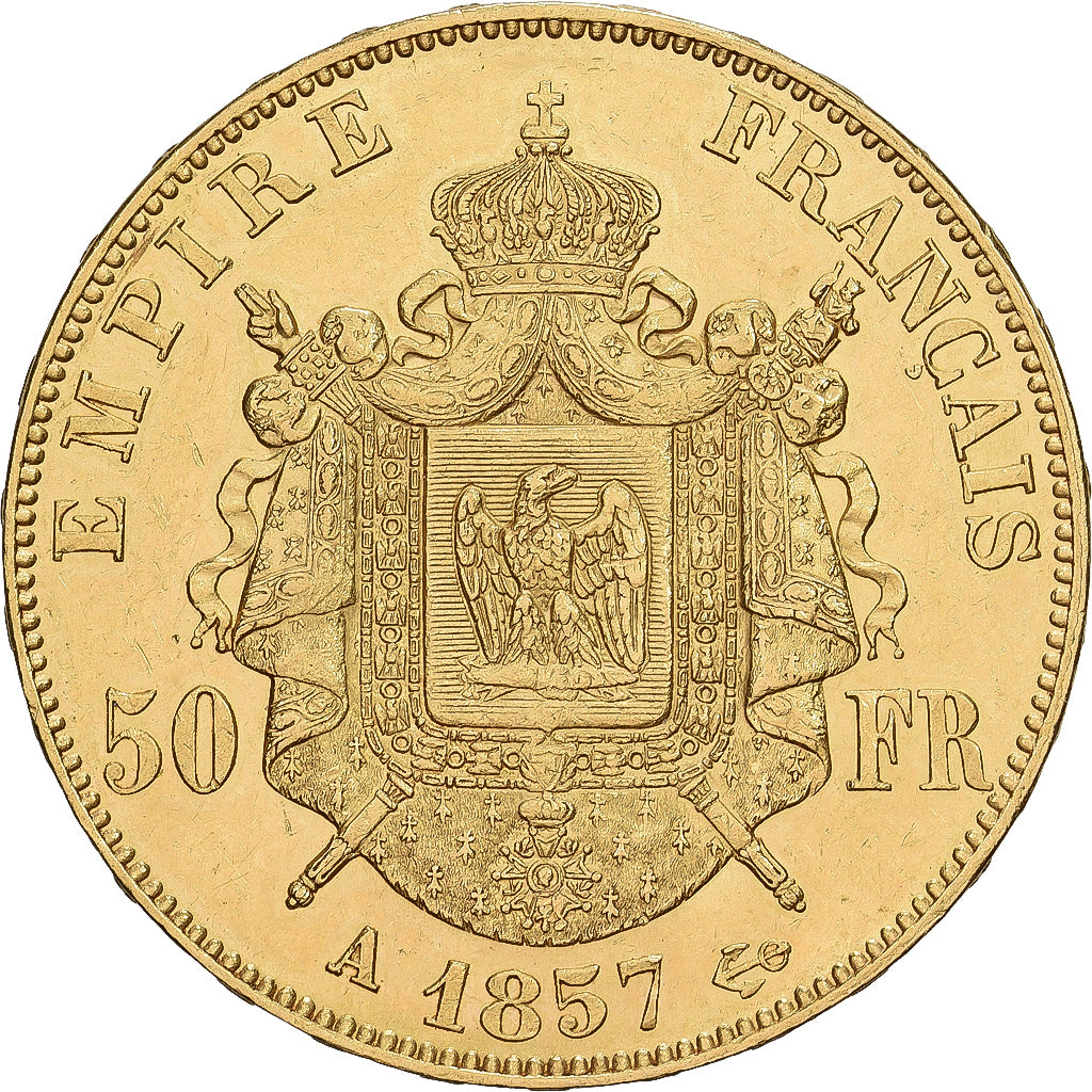 Francja, Napoleon III, 50 Francs, 1857, Paris, Złoto, AU(55-58), Gadoury:1111