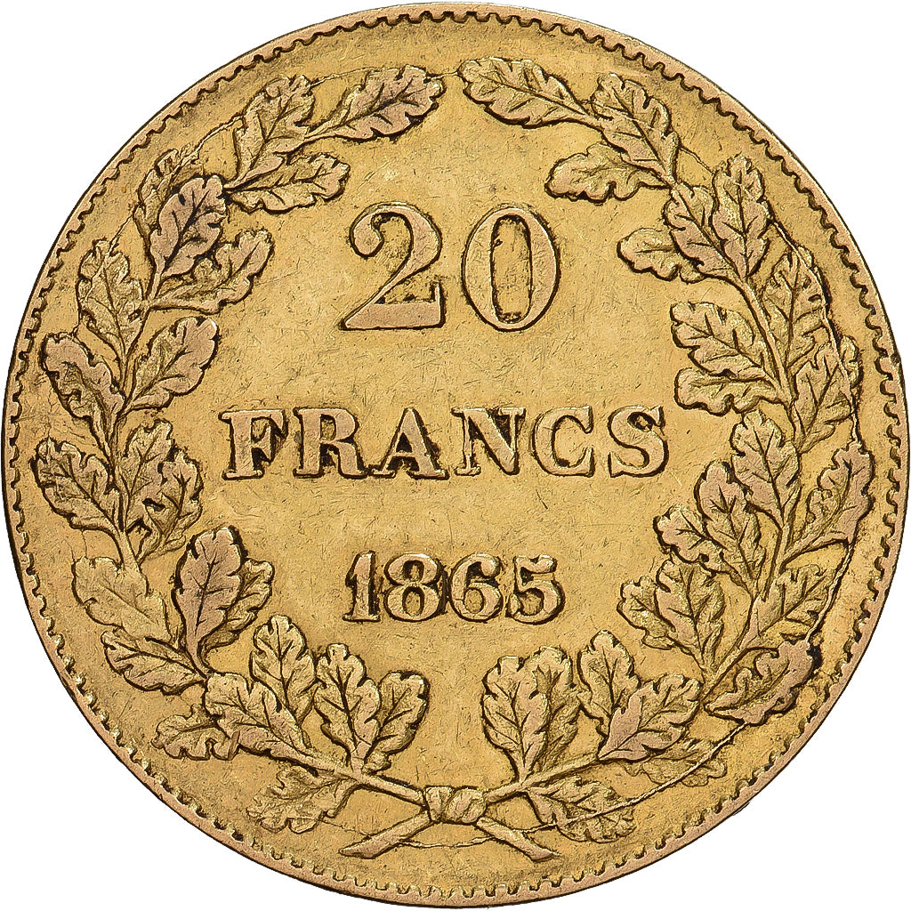 Bélgica, Leopold I, 20 Francs, 20 Frank, 1865, Brussels, Oro, MBC+, KM:23