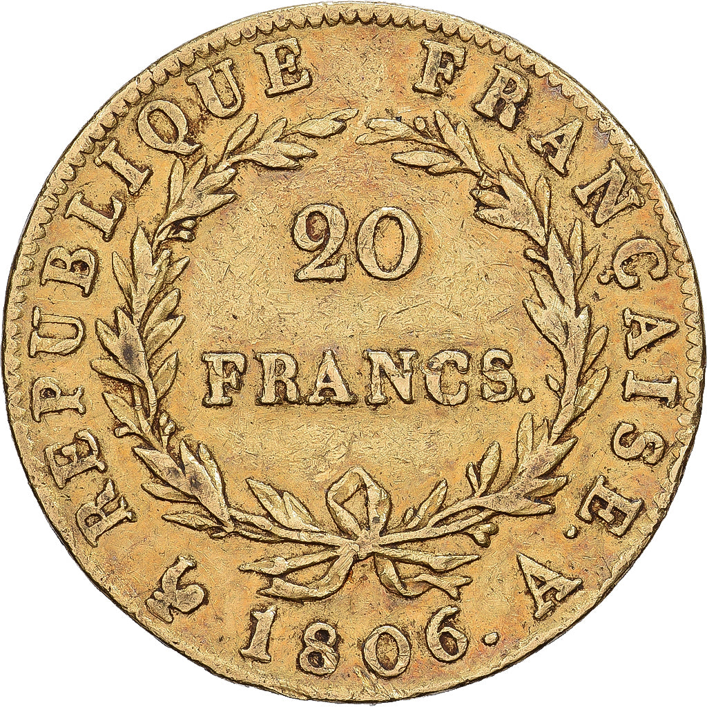França, Napoleon I, 20 Francs, 1806, Paris, Dourado, EF(40-45), Gadoury:1023