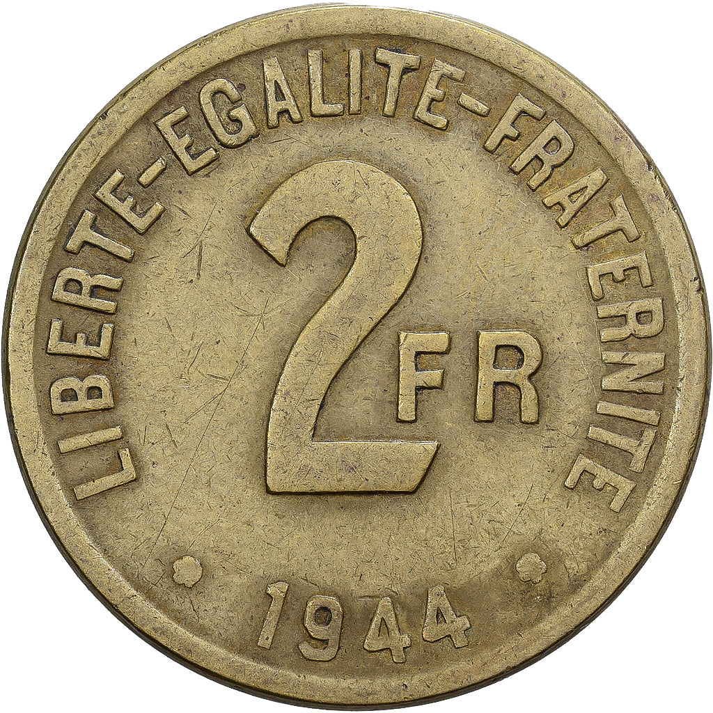 France, 2 Francs, France Libre, 1944, Philadelphia, Brass, EF(40-45)