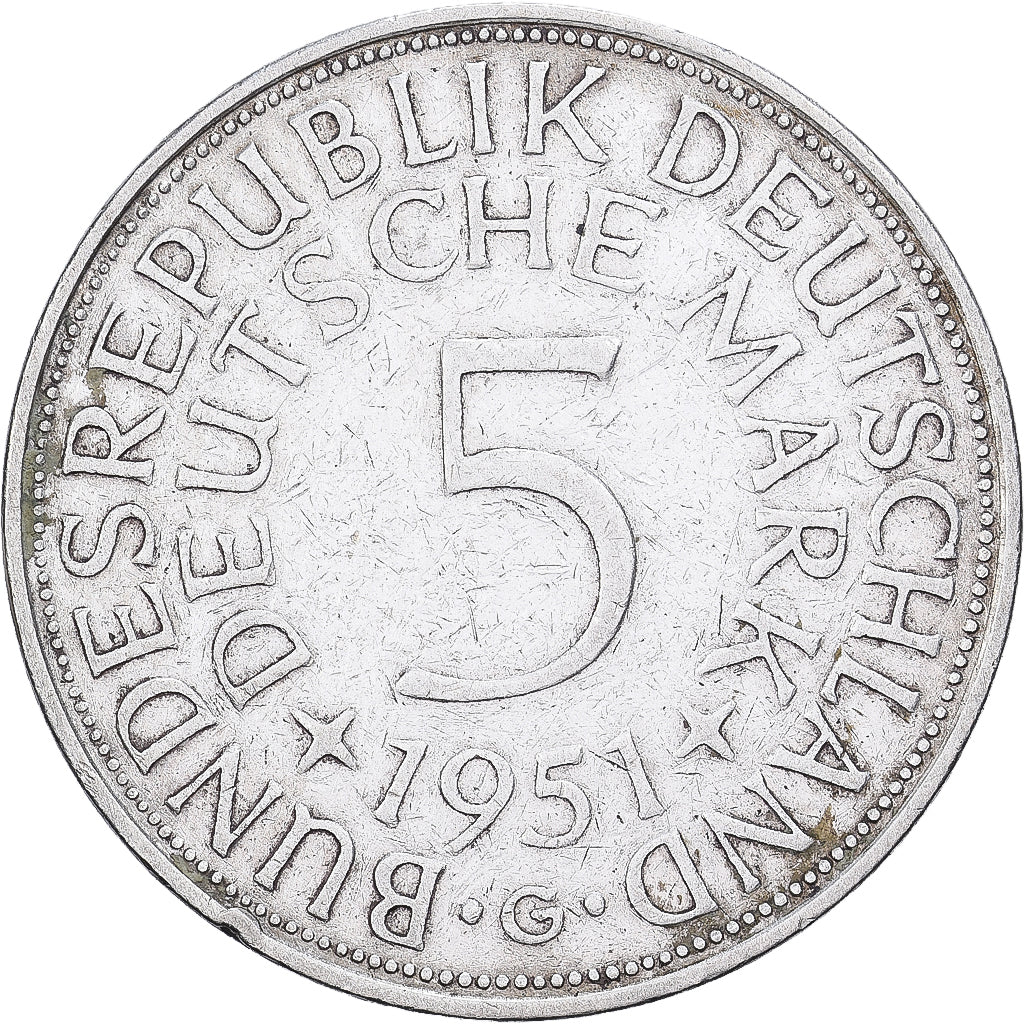 Niemcy - RFN, 5 Mark, 1951, Karlsruhe, Srebro, EF(40-45), KM:112.1