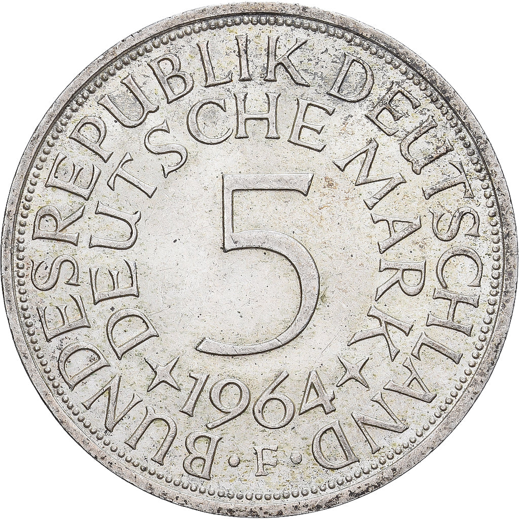 Niemcy - RFN, 5 Mark, 1964, Stuttgart, Srebro, AU(50-53), KM:112.1