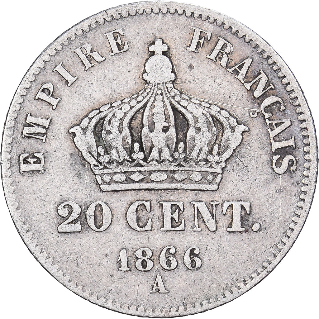 France, Napoléon III, 20 Centimes, 1866, Paris, Argent, TB+, Gadoury:308