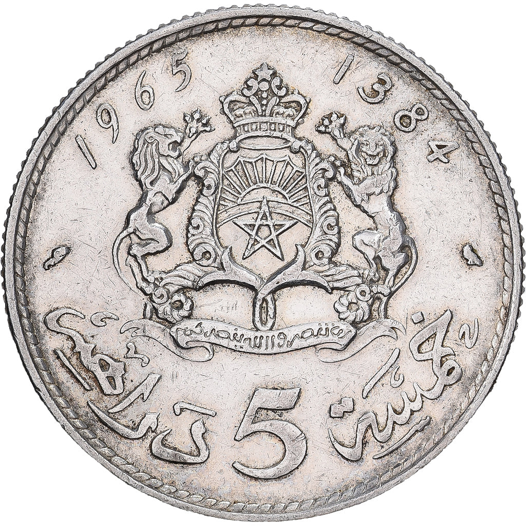 Morocco, al-Hassan II, 5 Dirhams, 1965/AH1384, Paris, Silver, AU(50-53), KM:57