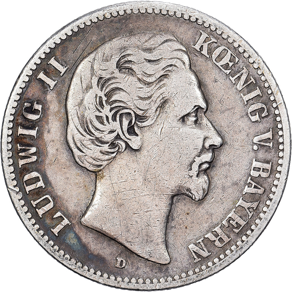 NIEMCY - IMPERIUM, BAVARIA, Ludwig II, 2 Mark, 1876, Munich, Srebro, VF(30-35)