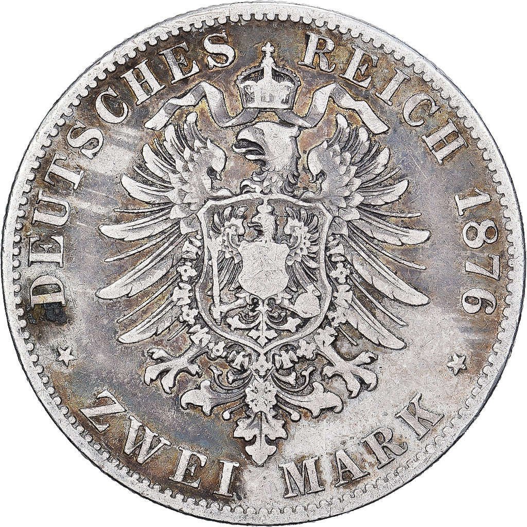 NIEMCY - IMPERIUM, BAVARIA, Ludwig II, 2 Mark, 1876, Munich, Srebro, VF(30-35)