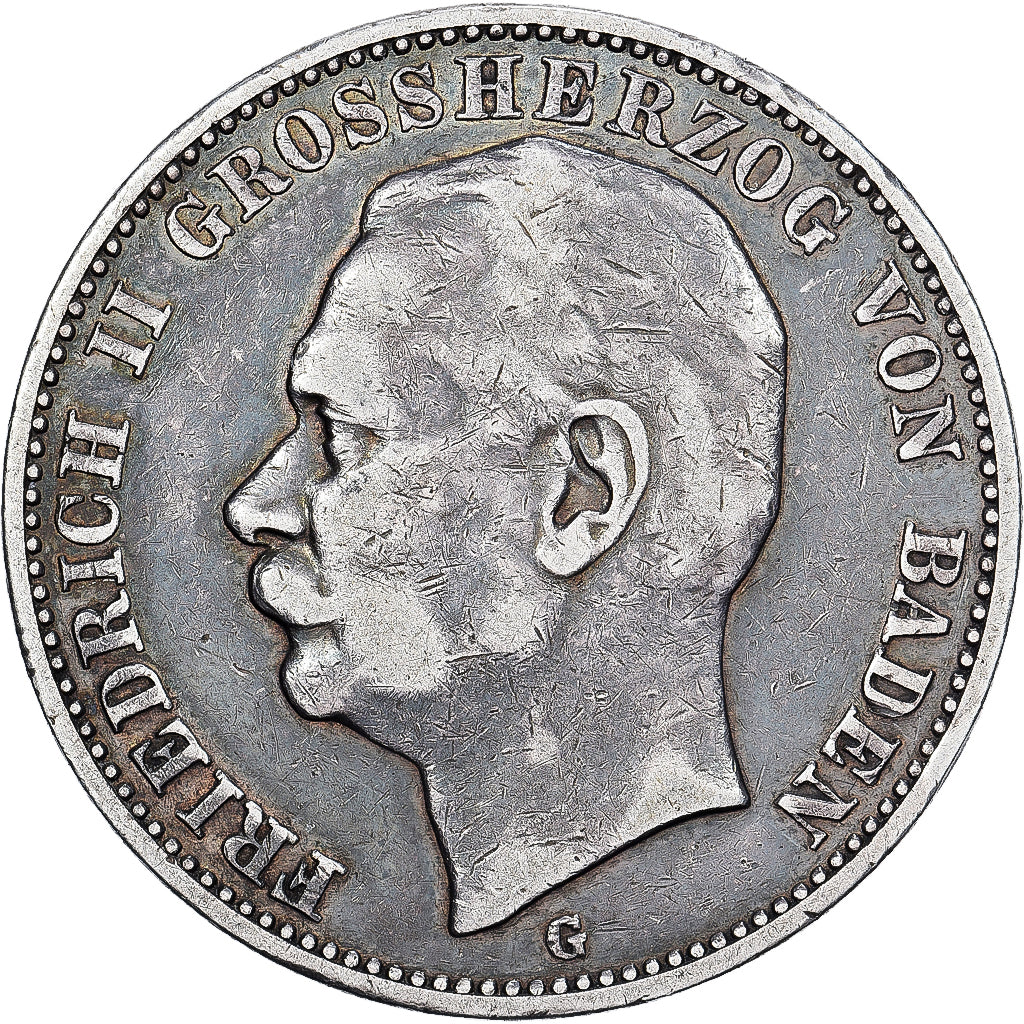 NIEMCY - IMPERIUM, BADEN, Friedrich II, 3 Mark, 1909, Karlsruhe, Srebro