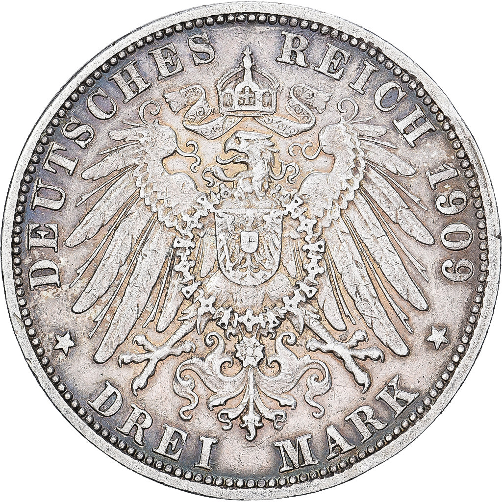 NIEMCY - IMPERIUM, BADEN, Friedrich II, 3 Mark, 1909, Karlsruhe, Srebro