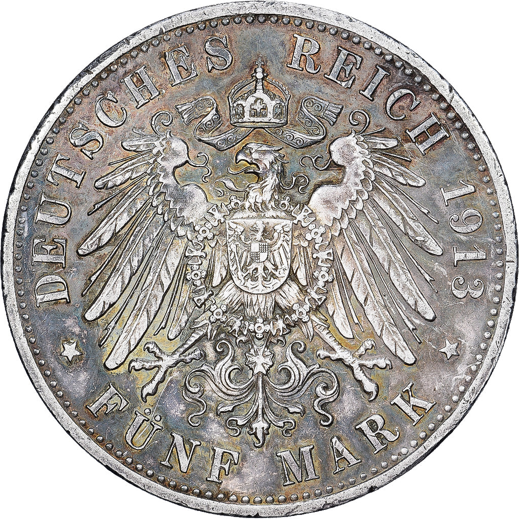 NIEMCY - IMPERIUM, PRUSSIA, Wilhelm II, 5 Mark, 1913, Berlin, Srebro, AU(50-53)