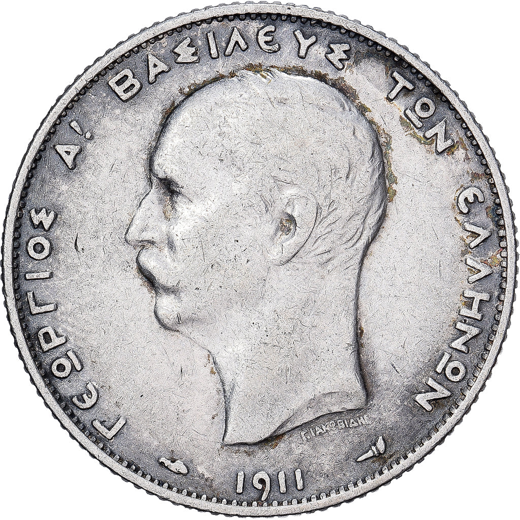 Grécia, George I, 2 Drachmai, 1911, Prata, AU(50-53), KM:61
