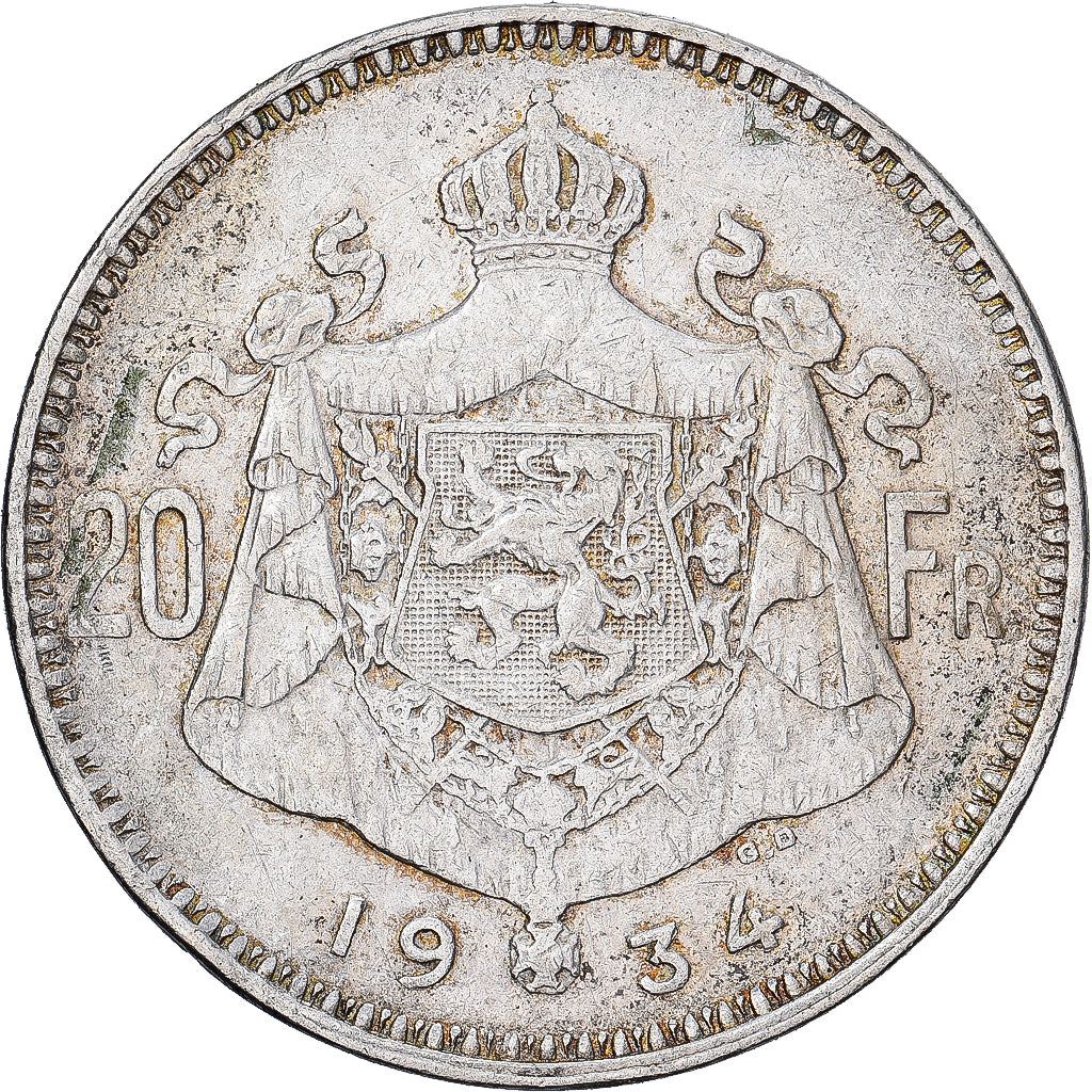 Belgio, Albert I, 20 Francs, 20 Frank, 1934, Tranche B, Argento, BB, KM:104.1
