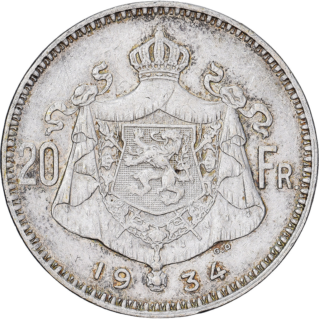Belgio, Albert I, 20 Francs, 20 Frank, 1934, Brussels, Tranche B, Argento, BB