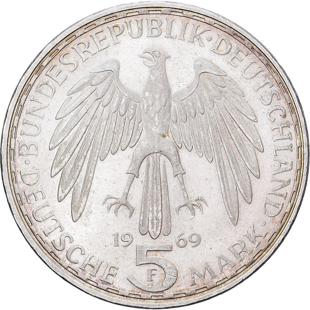 Niemcy - RFN, 5 Mark, 1969, Stuttgart, Srebro, AU(50-53), KM:126.1