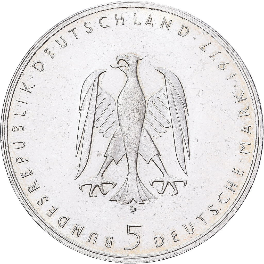 Niemcy - RFN, 5 Mark, 1977, Karlsruhe, Miedź-Nikiel niklowany, AU(55-58)